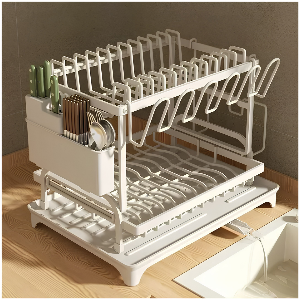 2-Tier Kitchen Dish Drying Rack with Drain Board