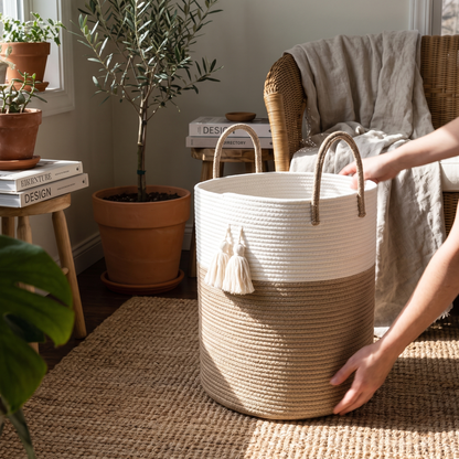 Woven Cotton Rope Laundry Hamper – Brown - 40L
