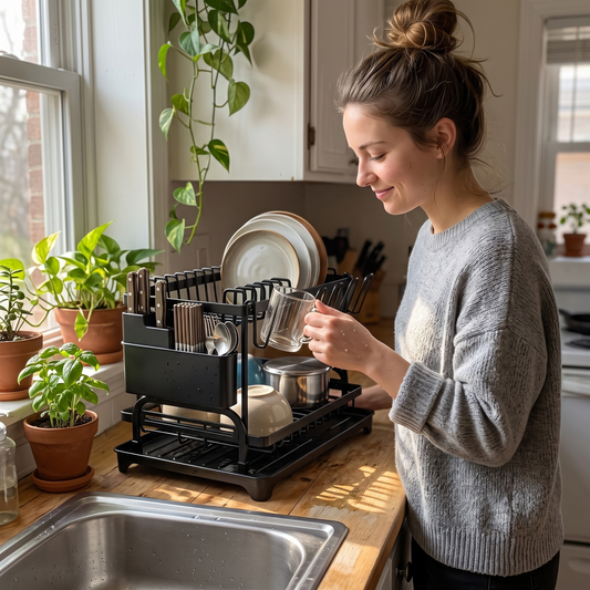 2-Tier Kitchen Dish Drying Rack with Drain Board