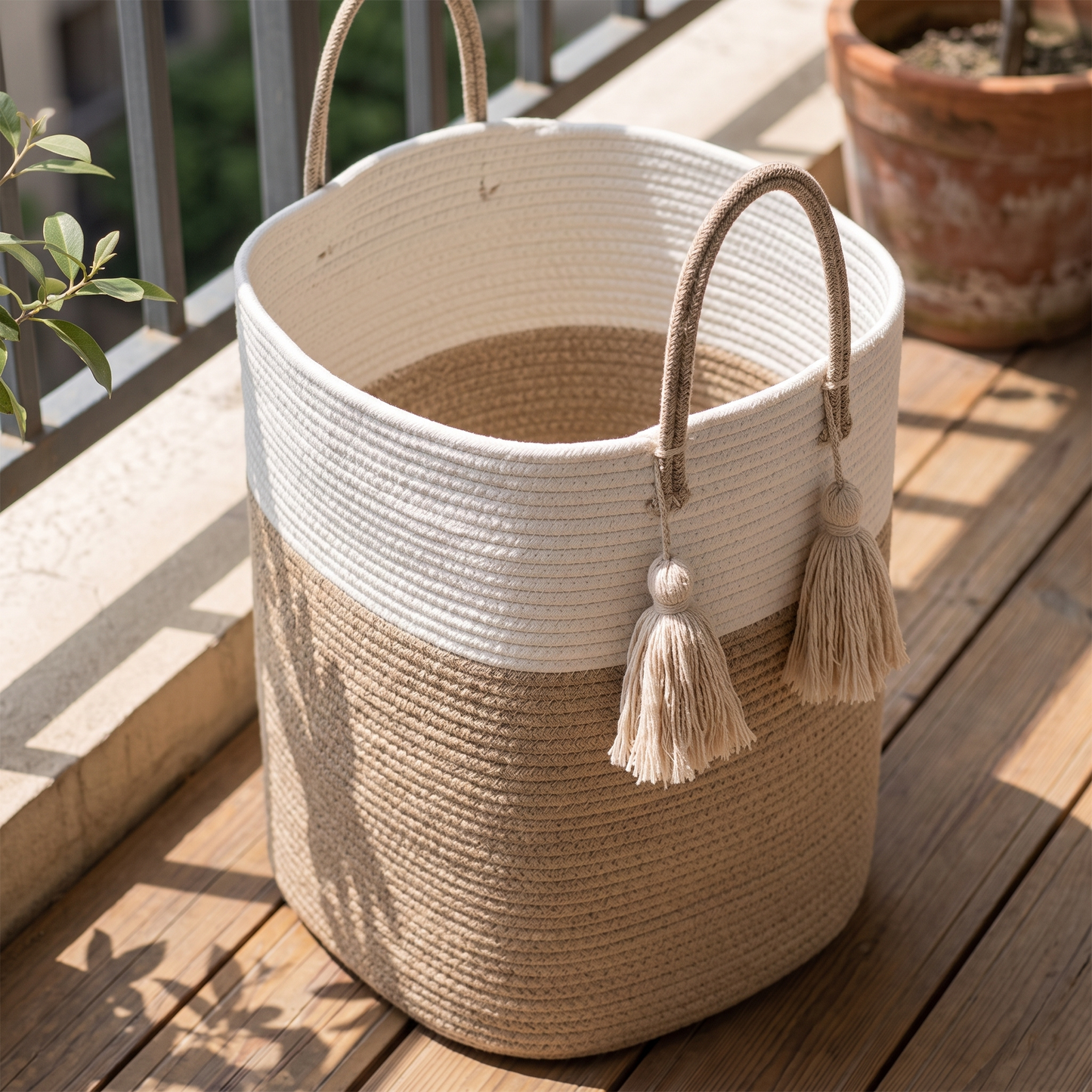Woven Cotton Rope Laundry Hamper – Brown - 40L