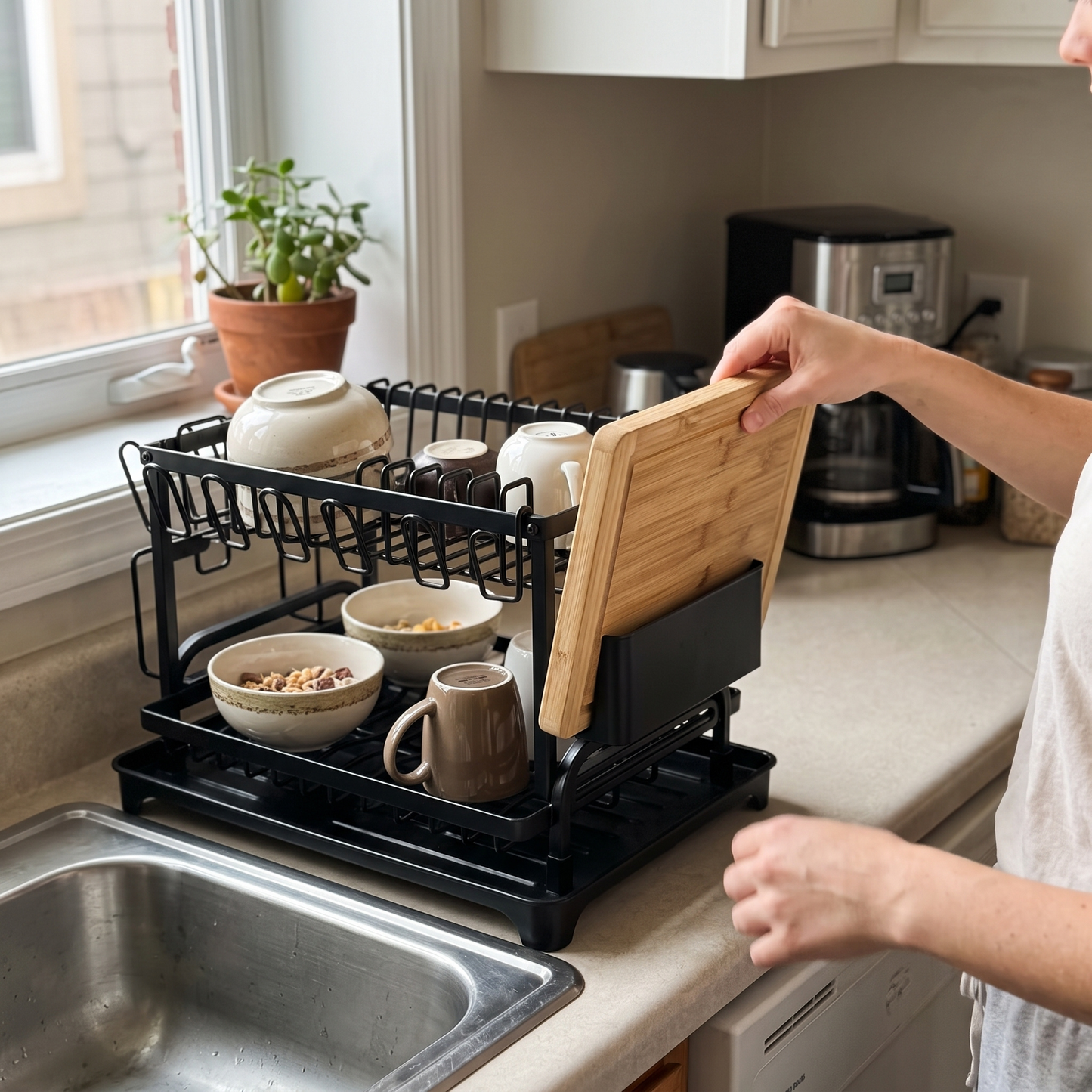 2-Tier Kitchen Dish Drying Rack with Drain Board