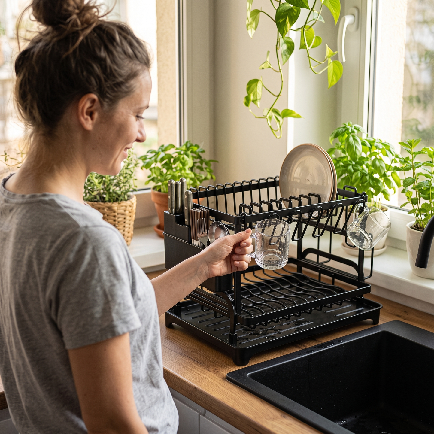 2-Tier Kitchen Dish Drying Rack with Drain Board