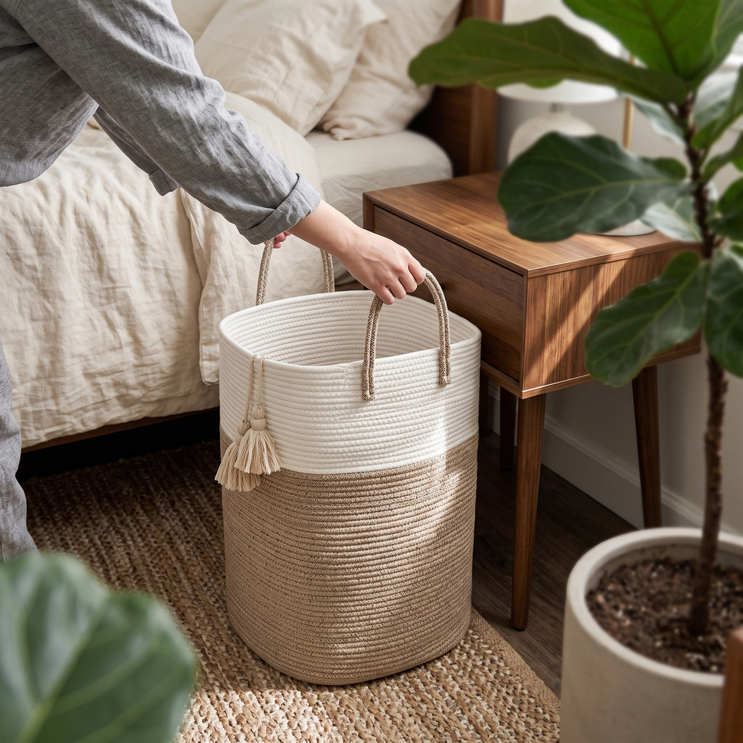 Woven Cotton Rope Laundry Hamper – Brown - 40L