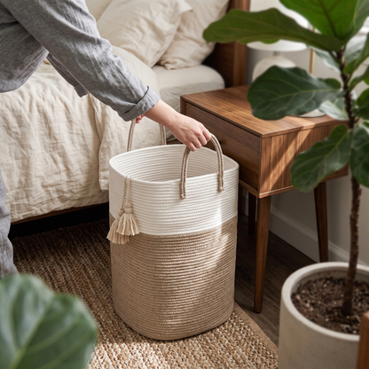 Woven Cotton Rope Laundry Hamper – Brown - 40L