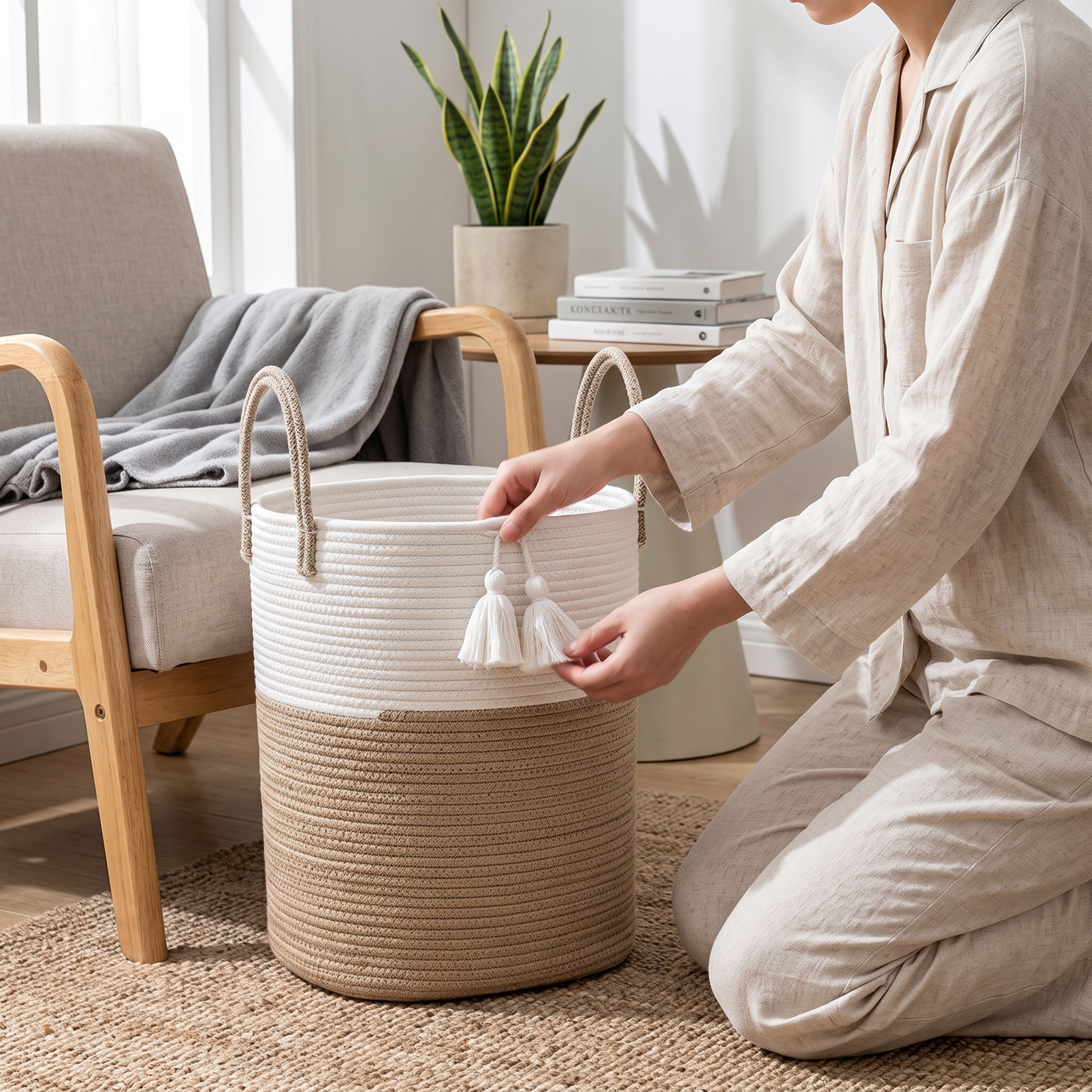 Woven Cotton Rope Laundry Hamper – Brown - 40L
