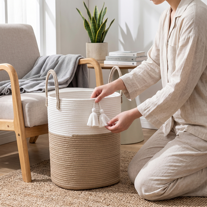 Woven Cotton Rope Laundry Hamper – Brown - 40L