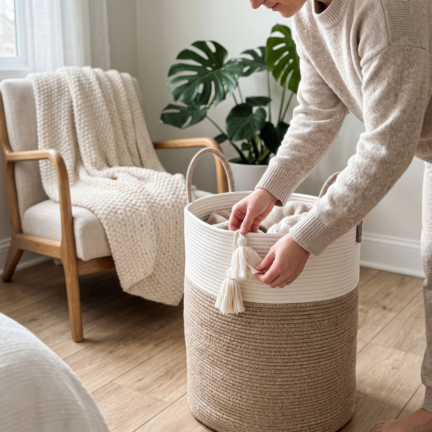 Woven Cotton Rope Laundry Hamper – Brown - 40L