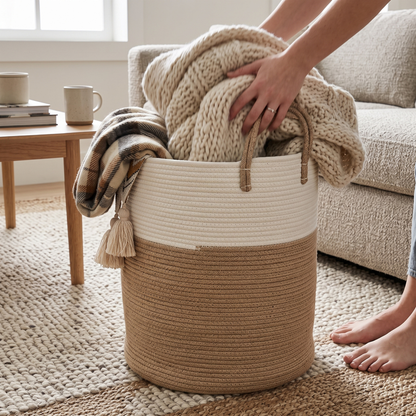 Woven Cotton Rope Laundry Hamper – Brown - 40L