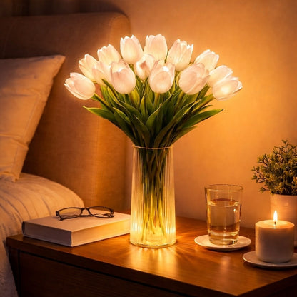 15 PCS Tulip Artificial Flowers with LED Lights, Real Touch Tulip Bouquet, Battery Operated Christmas Holiday Wedding Photography Home Decoration Creative Gifts（without vase)