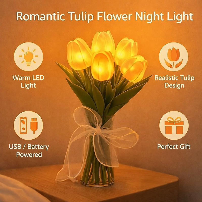 15 PCS Tulip Artificial Flowers with LED Lights, Real Touch Tulip Bouquet, Battery Operated Christmas Holiday Wedding Photography Home Decoration Creative Gifts（without vase)