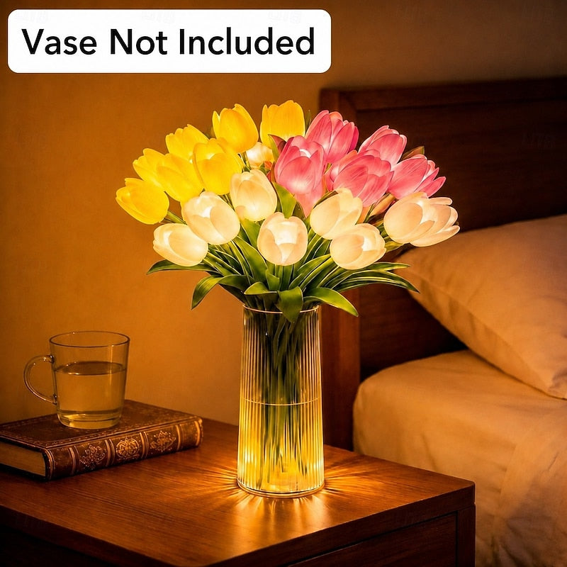 15 PCS Tulip Artificial Flowers with LED Lights, Real Touch Tulip Bouquet, Battery Operated Christmas Holiday Wedding Photography Home Decoration Creative Gifts（without vase)