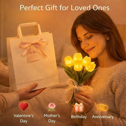 15 PCS Tulip Artificial Flowers with LED Lights, Real Touch Tulip Bouquet, Battery Operated Christmas Holiday Wedding Photography Home Decoration Creative Gifts（without vase)