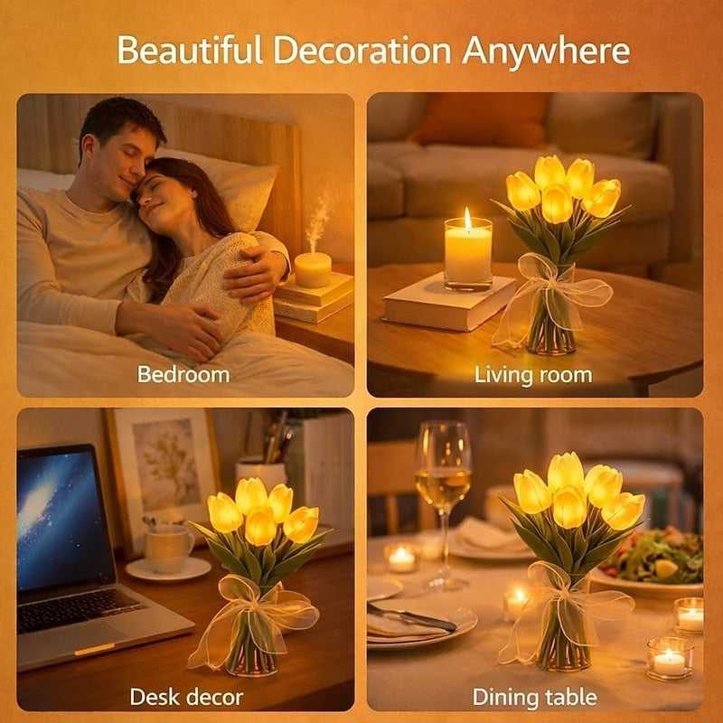15 PCS Tulip Artificial Flowers with LED Lights, Real Touch Tulip Bouquet, Battery Operated Christmas Holiday Wedding Photography Home Decoration Creative Gifts（without vase)