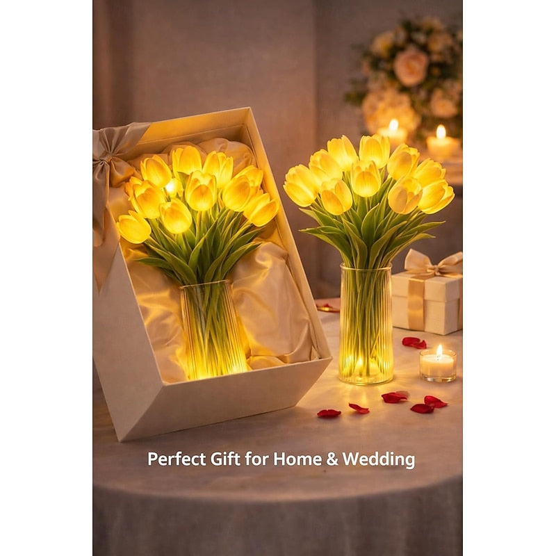 15 PCS Tulip Artificial Flowers with LED Lights, Real Touch Tulip Bouquet, Battery Operated Christmas Holiday Wedding Photography Home Decoration Creative Gifts（without vase)