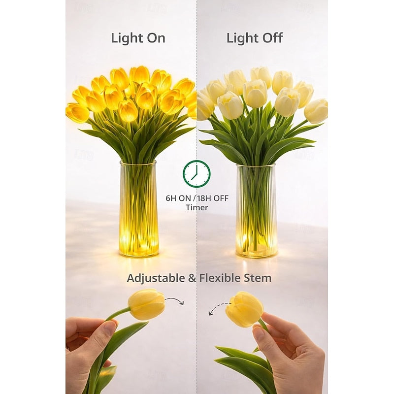 15 PCS Tulip Artificial Flowers with LED Lights, Real Touch Tulip Bouquet, Battery Operated Christmas Holiday Wedding Photography Home Decoration Creative Gifts（without vase)