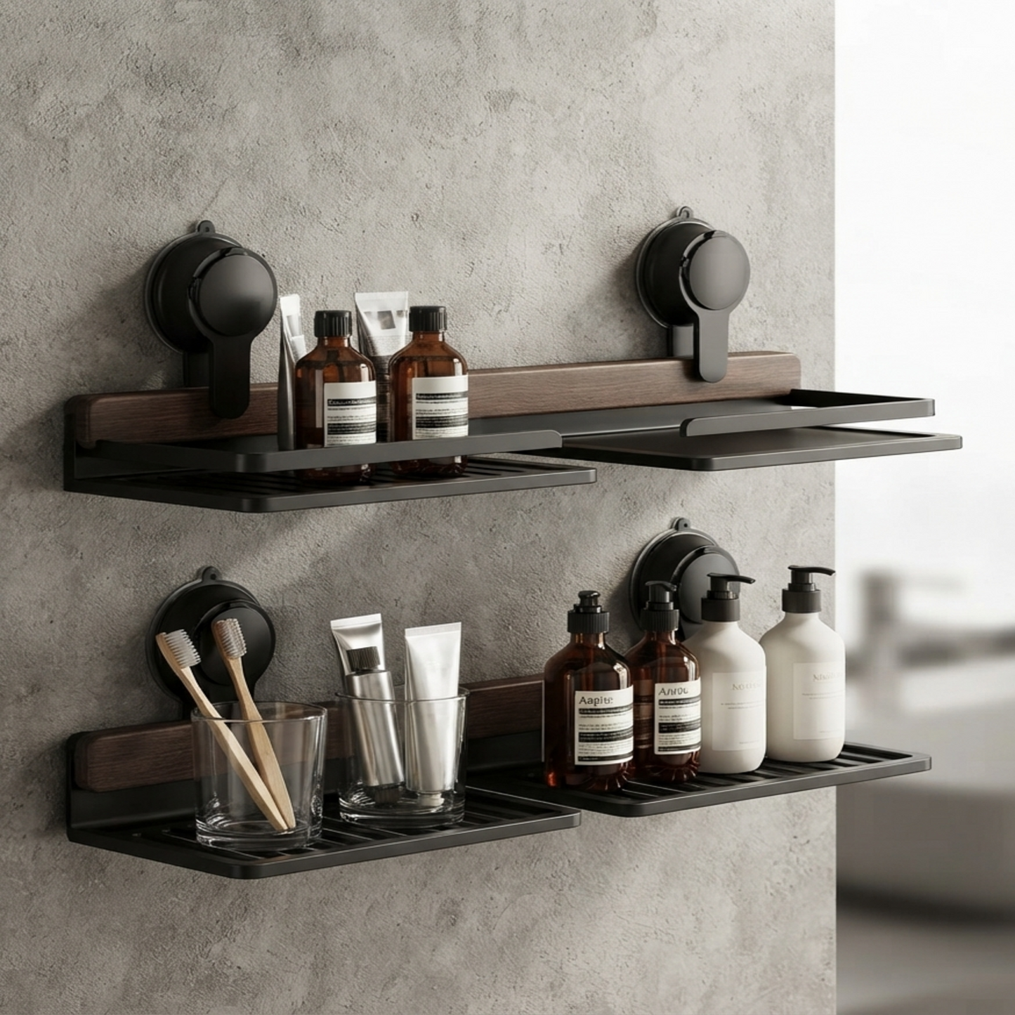 Walnut Suction Cup Bathroom Shelf