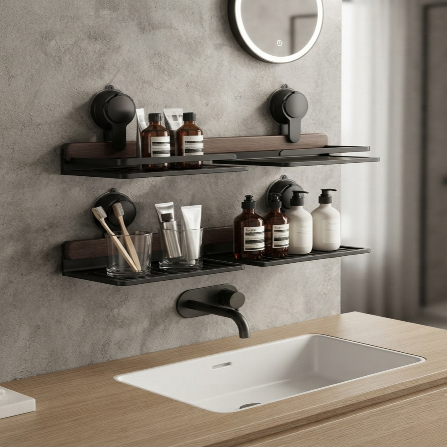 Walnut Suction Cup Bathroom Shelf