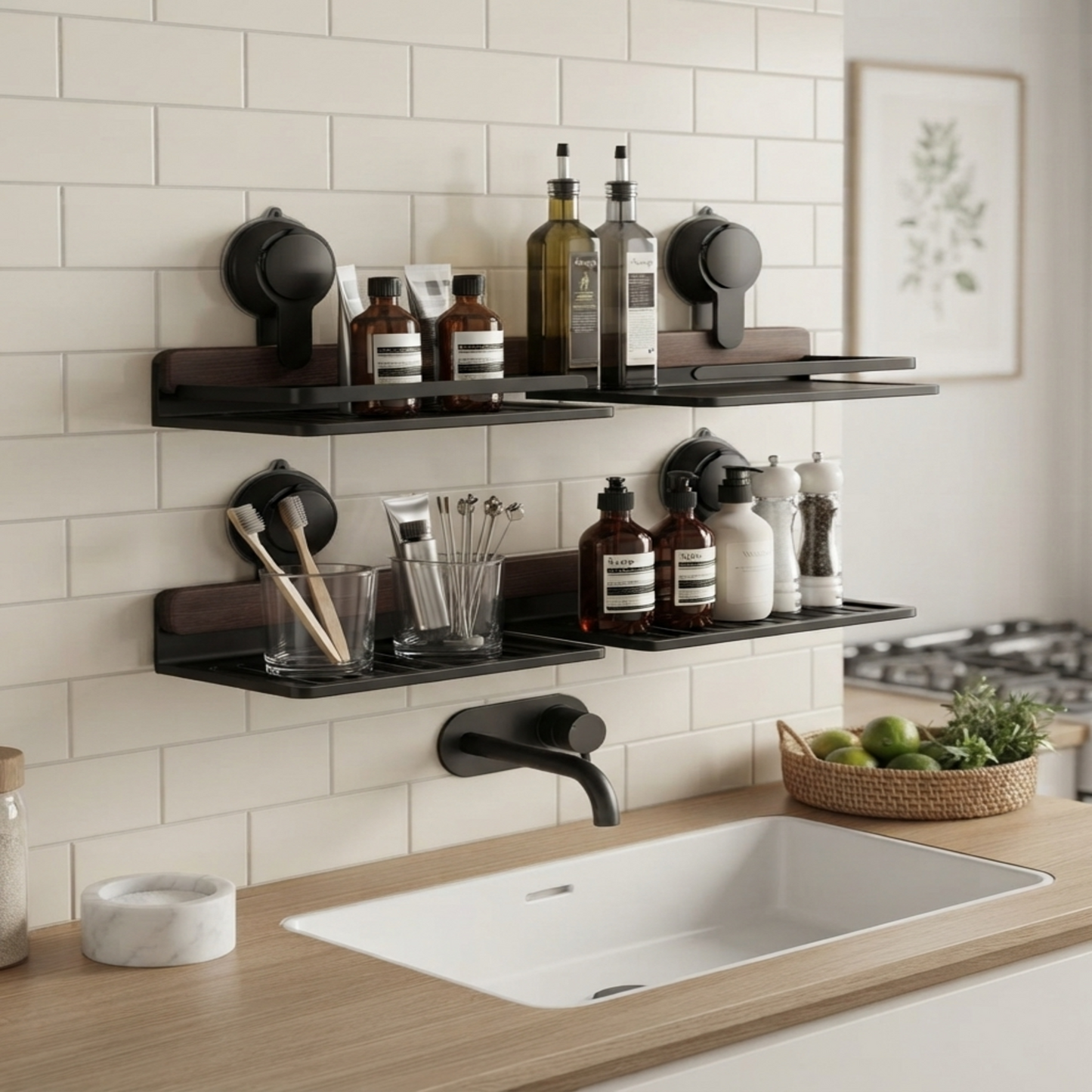 Walnut Suction Cup Bathroom Shelf