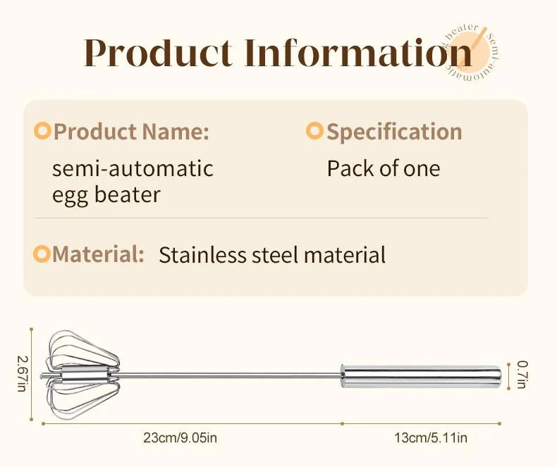 Stainless Steel Hand-Push Rotary Whisk Food-Grade Rust-Resistant Kitchen Utensil