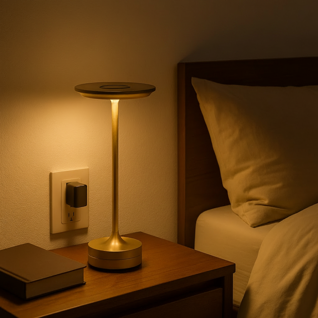Luma Solis luminous lamp on a bedside table next to a bed.