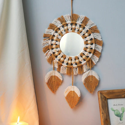 Brown & Beige Macrame Fringe Wall Mirror