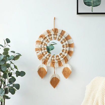 Brown & Beige Macrame Fringe Wall Mirror