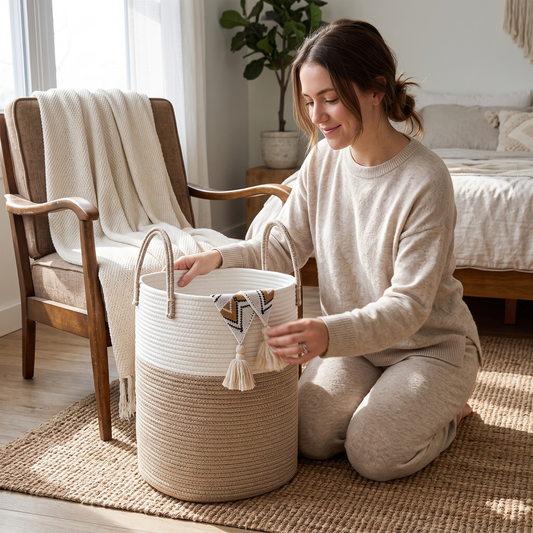 Woven Cotton Rope Laundry Hamper – Brown - 40L