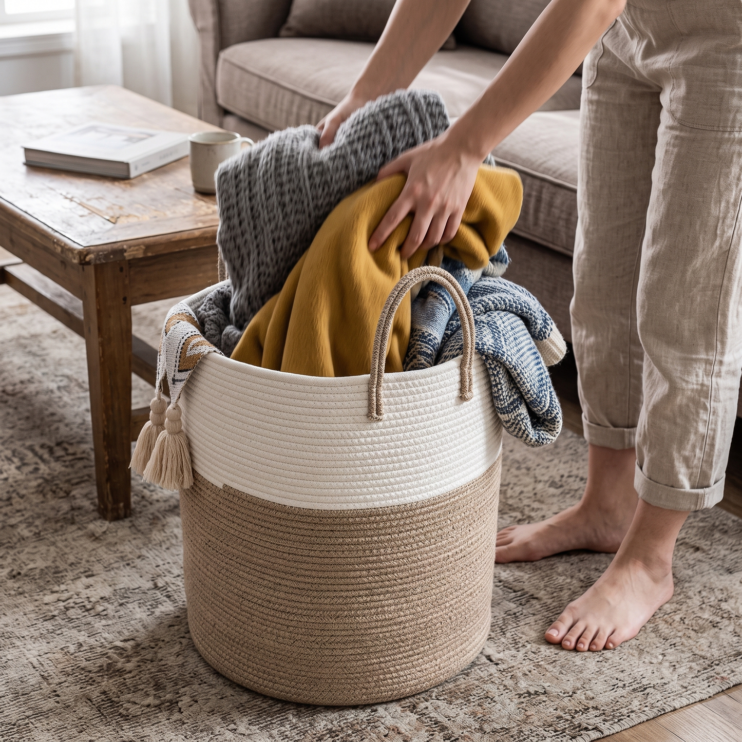 Woven Cotton Rope Laundry Hamper – Brown - 40L