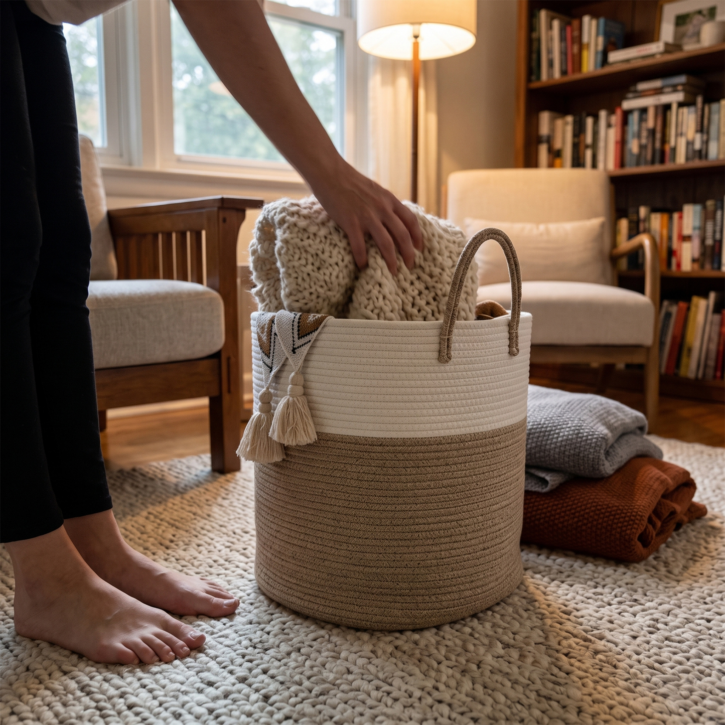 Woven Cotton Rope Laundry Hamper – Brown - 40L
