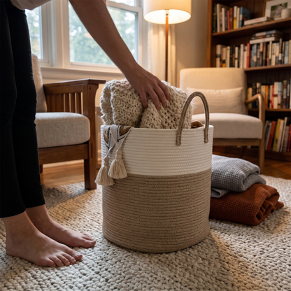 Woven Cotton Rope Laundry Hamper – Brown - 40L