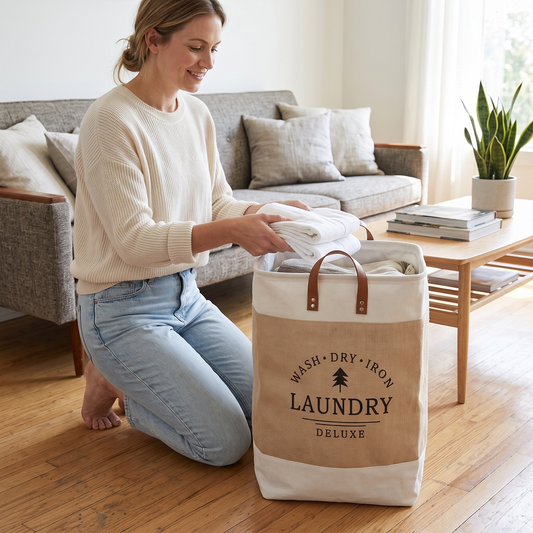 A woman kneels on a wooden floor in a bright living room, folding laundry into a large canvas laundry bag with brown handles. The bag is printed with the text 'WASH-DRY-IRON LAUNDRY DELUXE' and features a natural beige body with brown faux-leather handles.