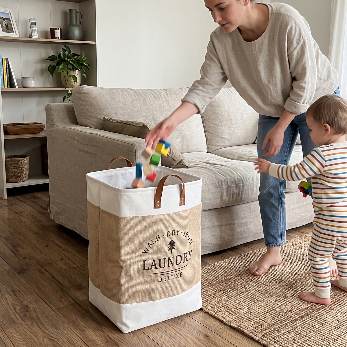 Portable Patchwork Laundry Basket – Cotton Hemp Storage Hamper