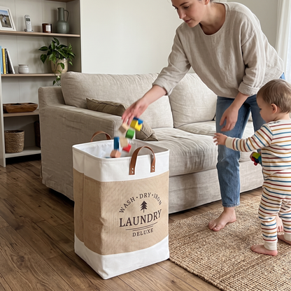 Portable Patchwork Laundry Basket – Cotton Hemp Storage Hamper