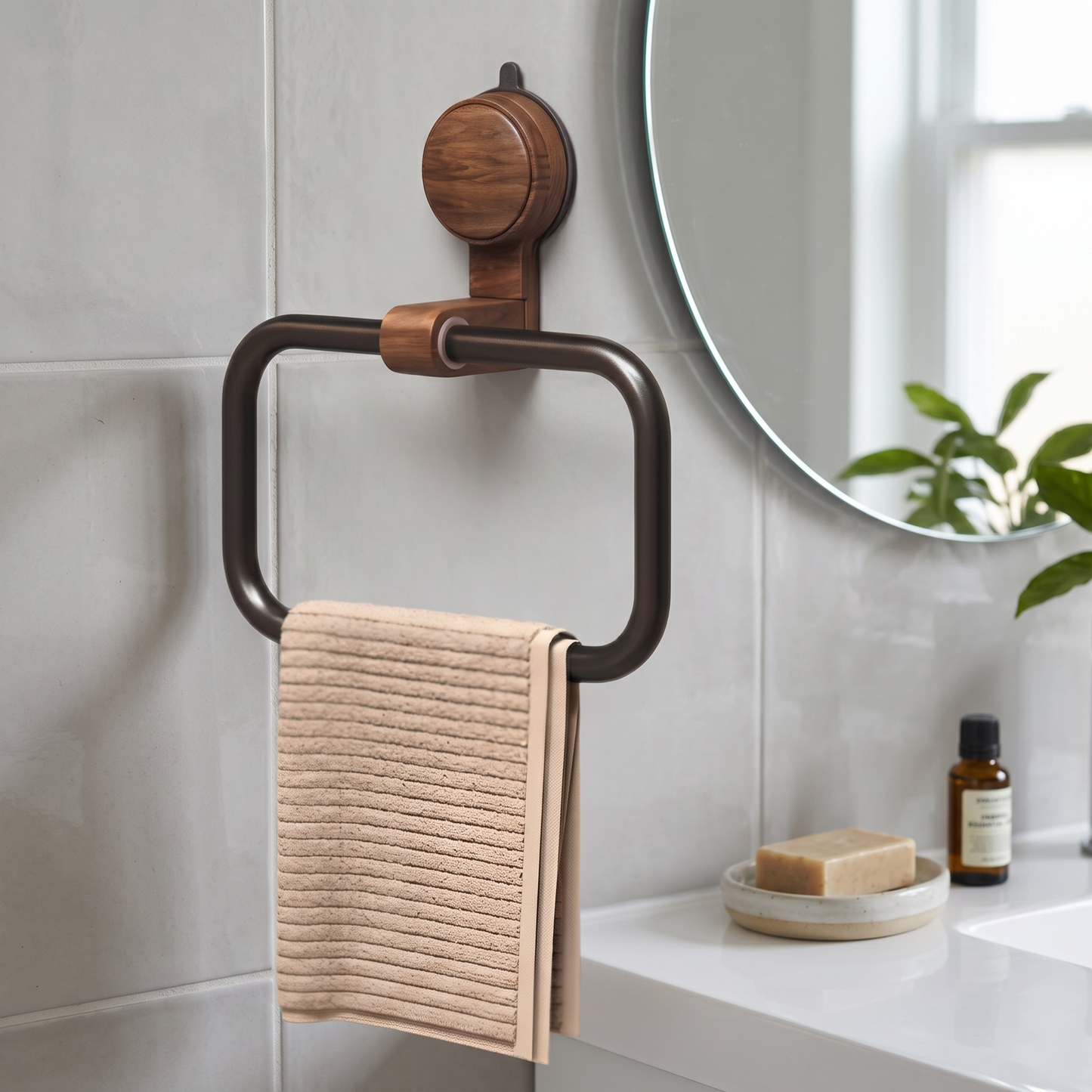 Walnut Suction Cup Towel Ring – No-Drill Bathroom Holder
