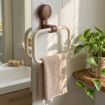 Walnut Suction Cup Towel Ring – No-Drill Bathroom Holder