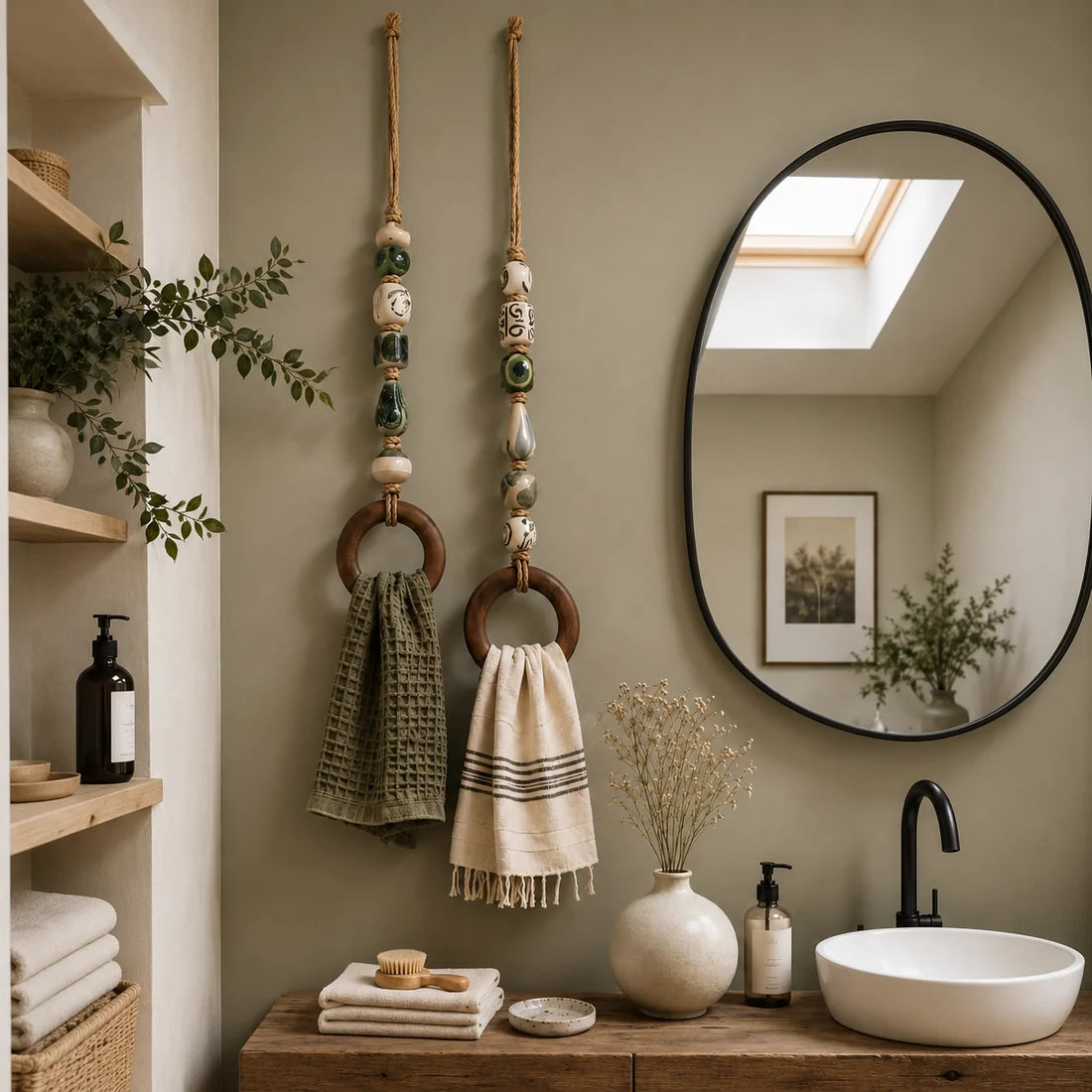 Decorative Beaded Towel Hanger with Wooden Ring