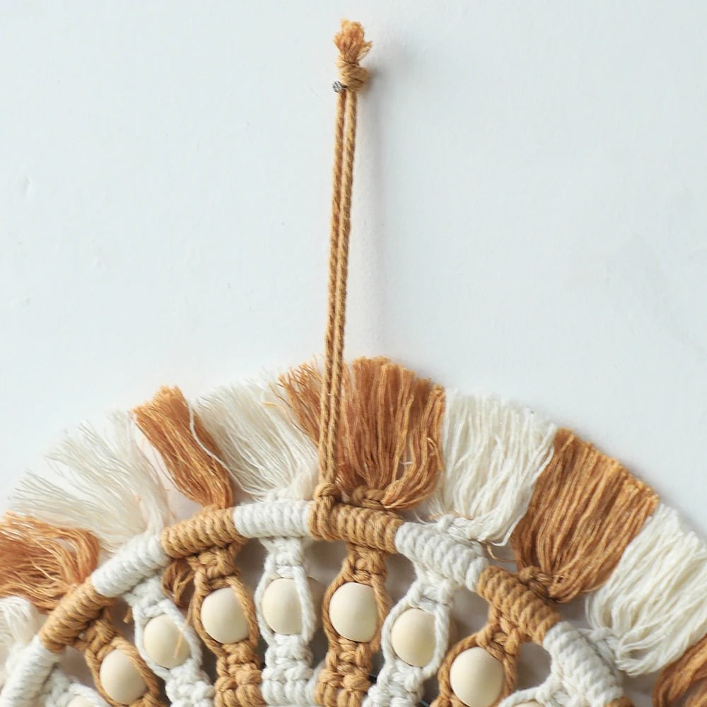 Brown & Beige Macrame Fringe Wall Mirror