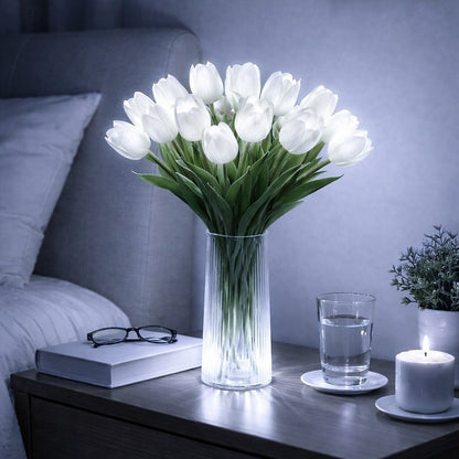 15 PCS Tulip Artificial Flowers with LED Lights, Real Touch Tulip Bouquet, Battery Operated Christmas Holiday Wedding Photography Home Decoration Creative Gifts（without vase)