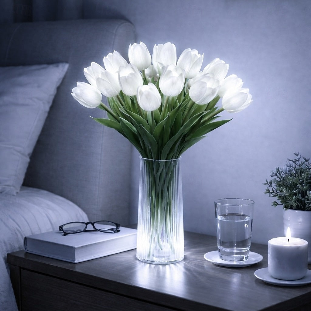 15 PCS Tulip Artificial Flowers with LED Lights, Real Touch Tulip Bouquet, Battery Operated Christmas Holiday Wedding Photography Home Decoration Creative Gifts（without vase)