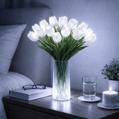 15 PCS Tulip Artificial Flowers with LED Lights, Real Touch Tulip Bouquet, Battery Operated Christmas Holiday Wedding Photography Home Decoration Creative Gifts（without vase)