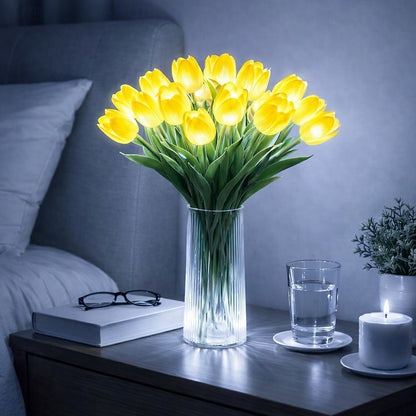 15 PCS Tulip Artificial Flowers with LED Lights, Real Touch Tulip Bouquet, Battery Operated Christmas Holiday Wedding Photography Home Decoration Creative Gifts（without vase)
