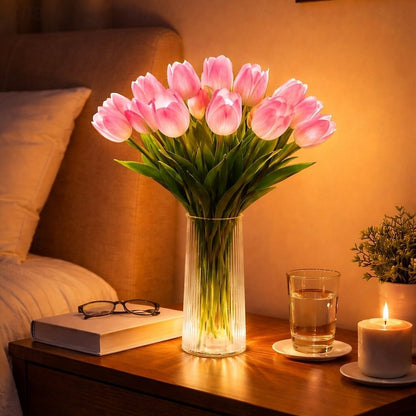 15 PCS Tulip Artificial Flowers with LED Lights, Real Touch Tulip Bouquet, Battery Operated Christmas Holiday Wedding Photography Home Decoration Creative Gifts（without vase)
