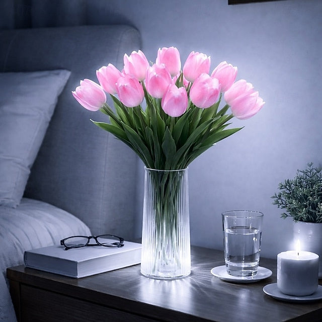 15 PCS Tulip Artificial Flowers with LED Lights, Real Touch Tulip Bouquet, Battery Operated Christmas Holiday Wedding Photography Home Decoration Creative Gifts（without vase)