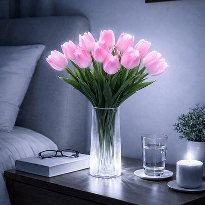 15 PCS Tulip Artificial Flowers with LED Lights, Real Touch Tulip Bouquet, Battery Operated Christmas Holiday Wedding Photography Home Decoration Creative Gifts（without vase)